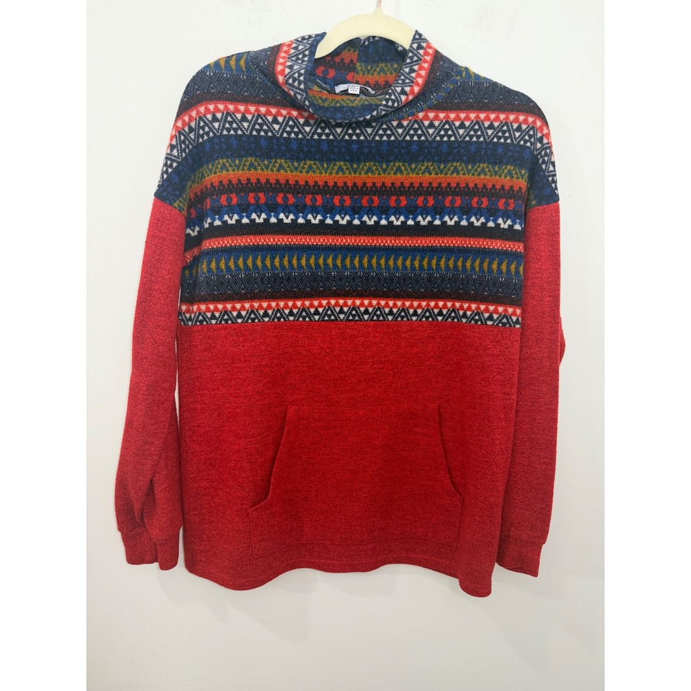 White Birch Red Tribal Fair Isle Mock Neck Pullover Kangaroo Pocket Small